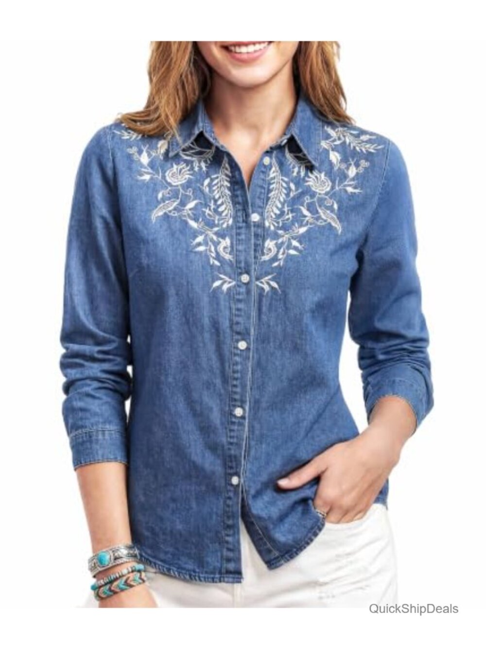 Lyocell Denim Button Down Shirt Embroidered Western Floral Relaxed Fit